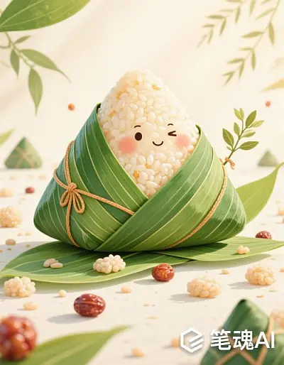 绿色粽叶包裹的卡通粽子可爱风格