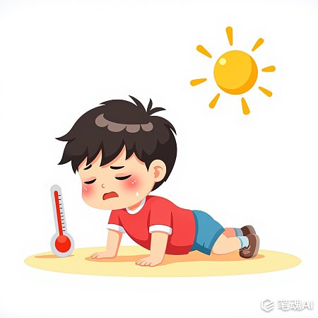 小男孩躺在地上流汗太阳高照体温计红色背景卡通风格