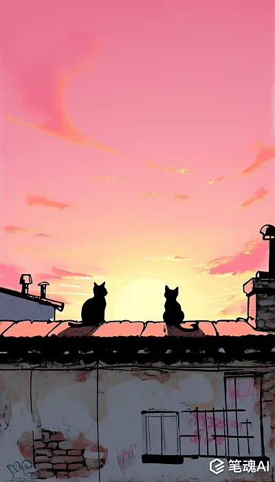 粉红天空下屋顶上两只猫剪影夕阳西下温馨浪漫