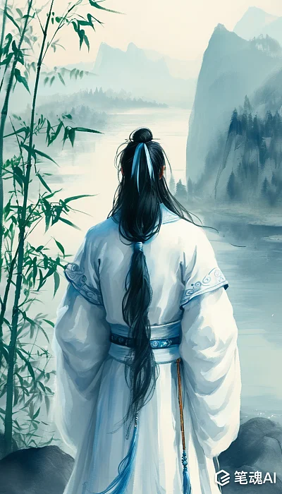青衣长发背影山水画风