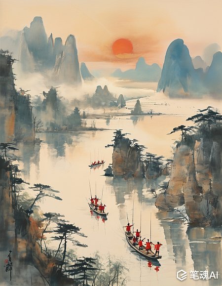 夕阳映照山水画中渔民划船归来