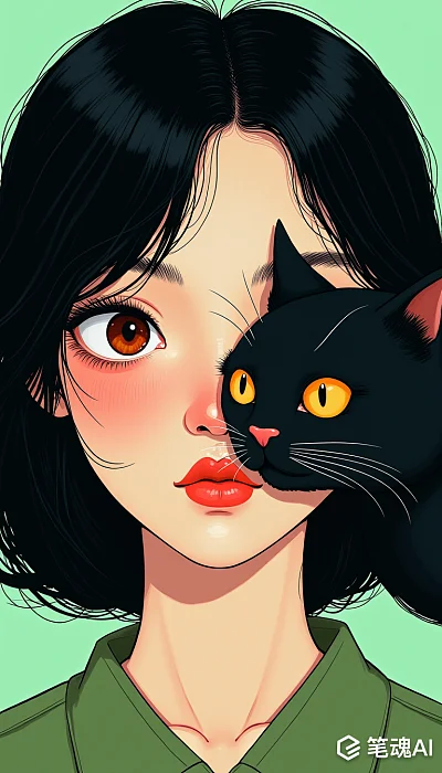 黑发红唇猫吻少女卡通画