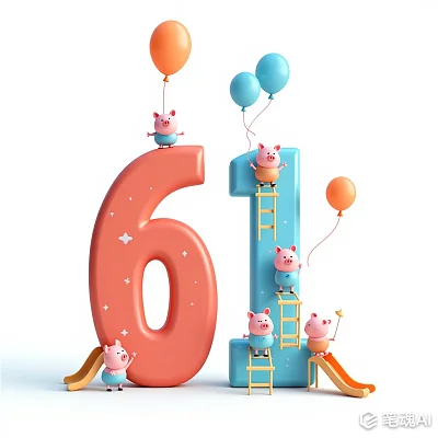 橙色数字61蓝色背景卡通小猪滑梯攀爬气球风格