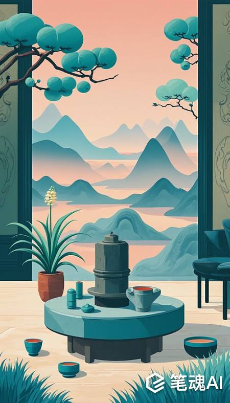 青色茶具山水画风格宁静自然