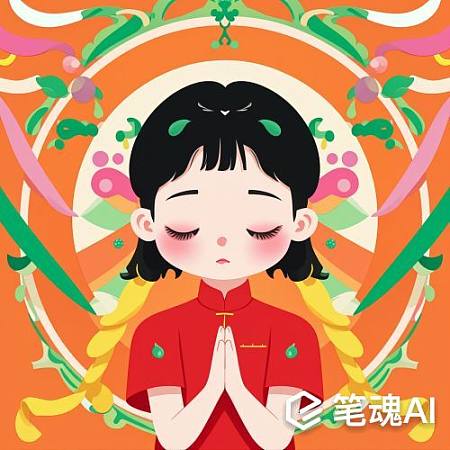 橙色背景小女孩闭眼双手合十祈祷风格