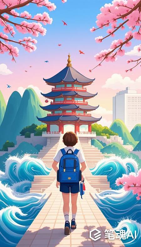 粉色樱花下蓝红相间的古塔前背书包的男孩插画