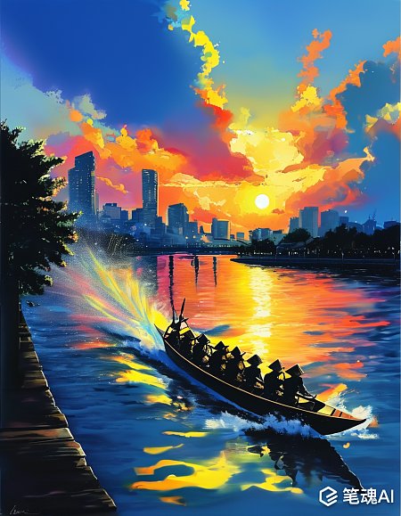 夕阳映照下的城市河流赛龙舟色彩斑斓油画