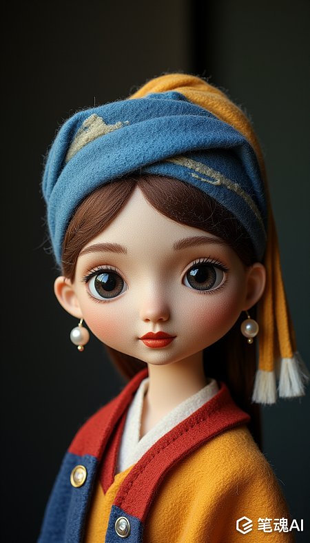 蓝色头巾橙色头发珍珠耳环红色衣服风格独特