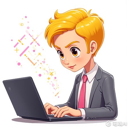金发男子穿西装打字电脑屏幕飘彩色光效卡通画