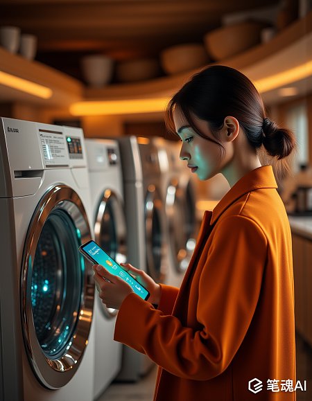 橙色外套女子在洗衣机前使用手机现代科技生活