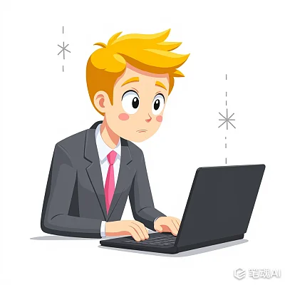 金发男子穿西装打字电脑屏幕背景简洁风格卡通