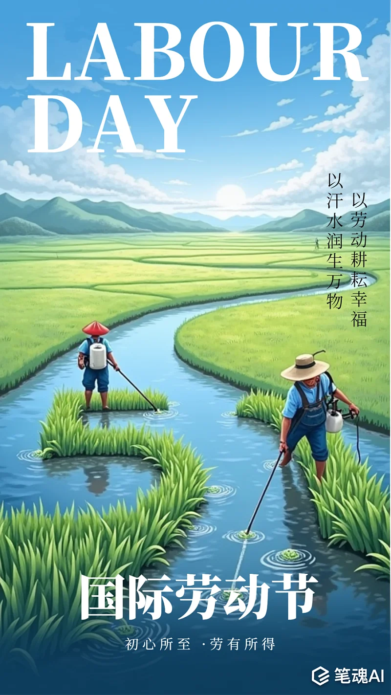 五一51劳动节手绘风农民田间劳作节日宣传海报